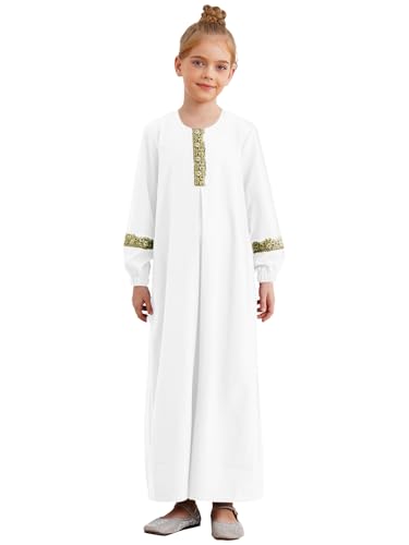 CHICTRY Kinder Mädchen Langarm Kaftan Maxi Gebetskleidung Muslimische Kleider Abaya Bestickt Ramadan Kleid Islamische Robe Kleidung Weiß 146-152 von CHICTRY