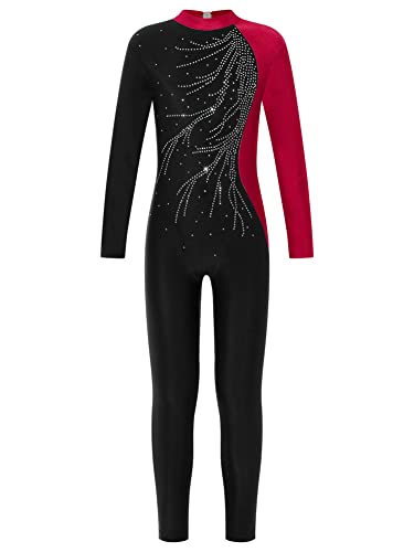 CHICTRY Gymnastikanzug Mädchen Langarm Ganzkörper Voltigieranzug Strass Glitzer Sportbody Stehkragen Tanztrikot Zwefarbig Patchwork Leotard Dancewear Burgundy 134-140 von CHICTRY