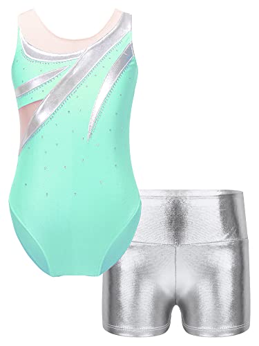 CHICTRY Kinder Mädchen Metallic Ballettanzug Ärmellos Turnanzug Mit Kurze Hose Teenager Wettbewerb Performance Kostüm Lake Grün C 122-128 von CHICTRY