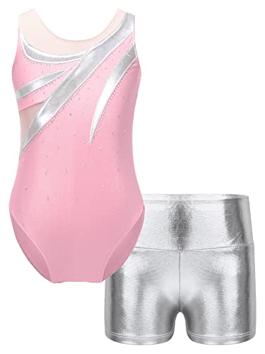 CHICTRY Kinder Mädchen Metallic Ballettanzug Ärmellos Turnanzug Mit Kurze Hose Teenager Wettbewerb Performance Kostüm Rosa C 122-128 von CHICTRY