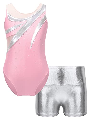 CHICTRY Kinder Mädchen Metallic Ballettanzug Ärmellos Turnanzug Mit Kurze Hose Teenager Wettbewerb Performance Kostüm Rosa C 146-152 von CHICTRY