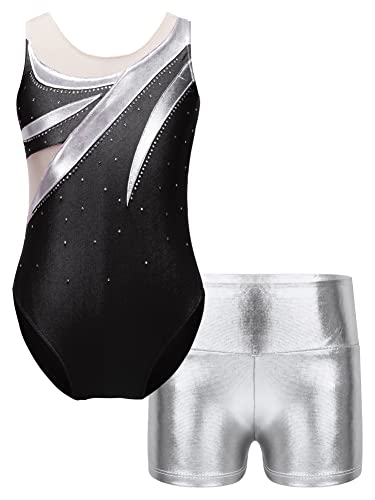 CHICTRY Kinder Mädchen Metallic Ballettanzug Ärmellos Turnanzug Mit Kurze Hose Teenager Wettbewerb Performance Kostüm Schwarz C 146-152 von CHICTRY