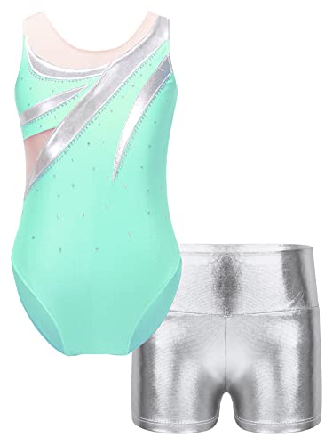 CHICTRY Kinder Mädchen Metallic Ballettanzug Strass Glitzer Turnanzug Wettkampf Ärmellos Ballett Body Patchwork Trikot Mit Kurze Hose Wettbewerb Tanzkostüm Lake Grün C 110-116 von CHICTRY