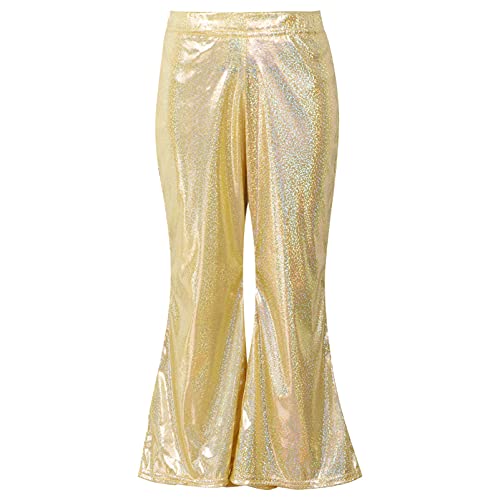 CHICTRY Kinder Mädchen Metallic Hose High Waist Schlaghose Weites Bein Glitzer Disco Party Leggings Glockenhose Fasching Karneval Mottoparty Verkleidung Gold 134-146 von CHICTRY