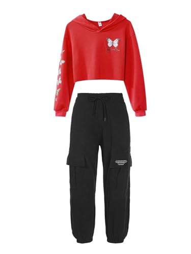 CHICTRY Kinder Mädchen Schmetterling Sportanzug Langarm Kapuzenpullover Kurz Sweatshirt Mit High Waist Cargohose Stretch Tanzhose Streetwear Rot schwarz 134-140 von CHICTRY