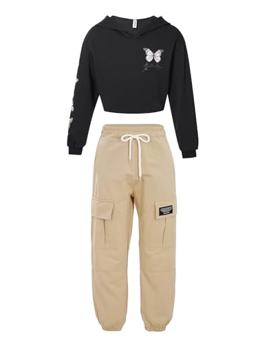 CHICTRY Kinder Mädchen Schmetterling Sportanzug Langarm Kapuzenpullover Kurz Sweatshirt Mit High Waist Cargohose Stretch Tanzhose Streetwear Schwarz und Beige 122-128 von CHICTRY