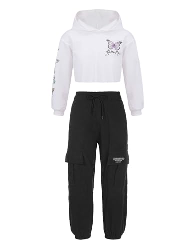 CHICTRY Kinder Mädchen Schmetterling Sportanzug Langarm Kapuzenpullover Kurz Sweatshirt Mit High Waist Cargohose Stretch Tanzhose Streetwear Weiß schwarz 146-152 von CHICTRY