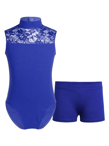 CHICTRY Kinder Mädchen Spitzen Ballettanzug Rollkragen Ballett Body Trikot Mit Stretch Shorts Kurze Hose Trainingshose Tanzbekleidung Royal Blau 158-164 von CHICTRY
