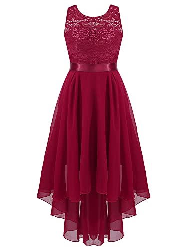 CHICTRY Mädchen Kleider Festlich Spitzen Prinzessin Kleid Vorne Kurz Hinten Lang Ärmellos Ballkleid Süß Tüll Hochzeitskleid Mit Blumenmuster Für 5-16 Jahre Burgundy 140-152 von CHICTRY