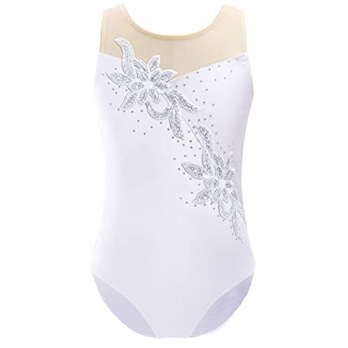 CHICTRY Kinder Mädchen Turnanzug Ärmellos Ballettanzug Pailetten Strass Blumen Glitzer Gymnastikanzug Mesh Spleiß Trikotanzug Ice Skating Outfit Tanz Weiß 146-152 von CHICTRY