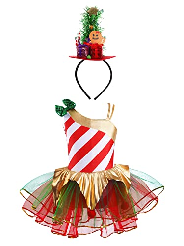 CHICTRY Kinder Mädchen Weihnachten Kleid Metallic Glitzer Streifen Tanzkleid Ballettkleid Mit Mesh Tüll Tutu Rock Tanzkostüm Mit Weihnachtsbaum Stirnband Rot 164 von CHICTRY