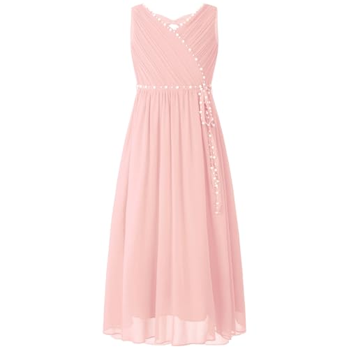 CHICTRY Kleider Kinder Mädchen Festlich Ärmellos Partykleid Perlen Glitzer Ballkleid A Linien Sommerkleid V-Ausschnitt Festzug Rosa 146-152 von CHICTRY
