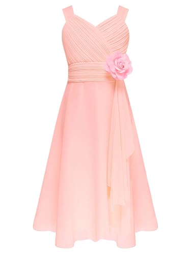 CHICTRY Kleider Kinder Mädchen Hochzeit Ärmellos Abschlussballkleid A Linien Blumenmädchenkleid V-Ausschnitt Sommerkleid Chiffon Partykleid Mit Blumen Rosa 122-128 von CHICTRY