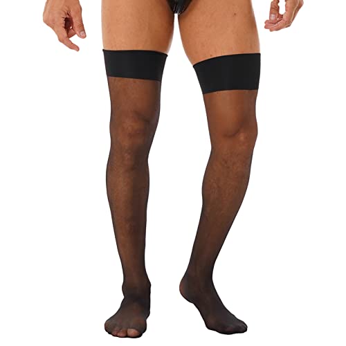 CHICTRY Kniestrümpfe Herren Transparent Öl Glitzer Halterlos Strümpfe Sissy Socken Lang Mesh Stockings mit Spitzenbund Oberschenkel Reizwäsche A_Schwarz A Einheitsgröße von CHICTRY