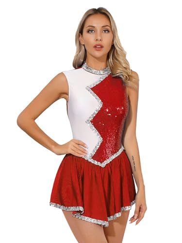 CHICTRY Kürkleider Eiskunstlauf Damen Ärmellos Ballettkleid Pailletten Glitzer Tanzbody Zweifarbig Patchwork Trikot Mit Wickelrock Dancewear Rot M von CHICTRY