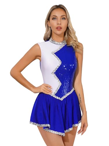 CHICTRY Kürkleider Eiskunstlauf Damen Ärmellos Ballettkleid Pailletten Glitzer Tanzbody Zweifarbig Patchwork Trikot Mit Wickelrock Dancewear Blau M von CHICTRY