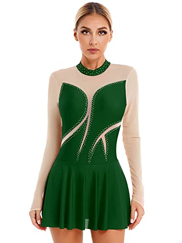 CHICTRY Kürkleider Eiskunstlauf Damen Rollschuhkleid Strass Glitzer Ballettkleid Langarm Tanzbody Patchwork Trikot Mit Wickelrock Dancewear Grün XL von CHICTRY