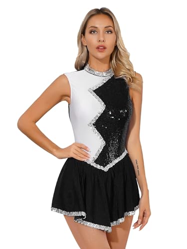 CHICTRY Kürkleider Eiskunstlauf Damen Ärmellos Ballettkleid Pailletten Glitzer Tanzbody Zweifarbig Patchwork Trikot Mit Wickelrock Dancewear Schwarz XL von CHICTRY