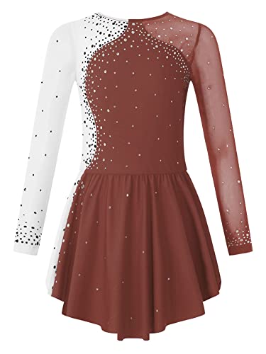 CHICTRY Kürkleider Eiskunstlauf Kinder Mädchen Strass Glitzer Rollschuhkleid Langarm Tanzbody Farbblock Patchwork Trikot Mit Wickelrock Dancewear Reddish Braun 158-164 von CHICTRY