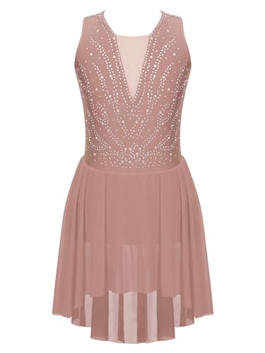 CHICTRY Kürkleider Eiskunstlauf Kinder Mädchen Strass Glitzer Tanzkleid Ärmellos Ballettbody Patchwork Trikot Leotard Mit Chiffon Rock Dancewear Altrosa 158-164 von CHICTRY