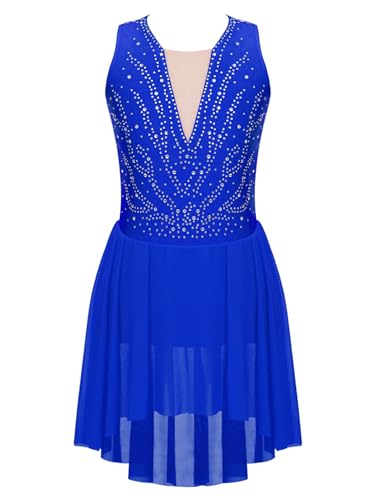 CHICTRY Kürkleider Eiskunstlauf Kinder Mädchen Strass Glitzer Tanzkleid Ärmellos Ballettbody Patchwork Trikot Leotard Mit Chiffon Rock Dancewear Königsblau 170-176 von CHICTRY