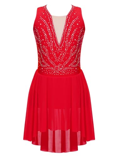 CHICTRY Kürkleider Eiskunstlauf Kinder Mädchen Strass Glitzer Tanzkleid Ärmellos Ballettbody Patchwork Trikot Leotard Mit Chiffon Rock Dancewear Rot 158-164 von CHICTRY