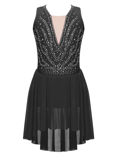 CHICTRY Kürkleider Eiskunstlauf Kinder Mädchen Strass Glitzer Tanzkleid Ärmellos Ballettbody Patchwork Trikot Leotard Mit Chiffon Rock Dancewear Schwarz 170-176 von CHICTRY