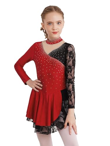 CHICTRY Kürkleider Eiskunstlauf Mädchen Kinder Strass Glitzer Ballettkleid Langarm Patchwork Ballettanzug Mit Rock Wickelrock Tanzkostüm Burgundy 134-140 von CHICTRY