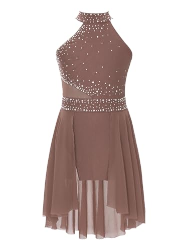 CHICTRY Kürkleider Eiskunstlauf Mädchen Rollkunstlauf Kleider Strass Glitzer Ballettkleid Ärmellos Tanzkleid Mit Asymetrisch Chiffon Rock Dancewear Altrosa 146-152 von CHICTRY