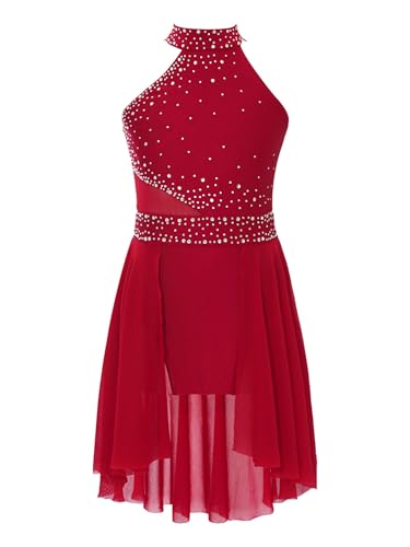 CHICTRY Kürkleider Eiskunstlauf Mädchen Rollkunstlauf Kleider Strass Glitzer Ballettkleid Ärmellos Tanzkleid Mit Asymetrisch Chiffon Rock Dancewear Burgundy 158-164 von CHICTRY