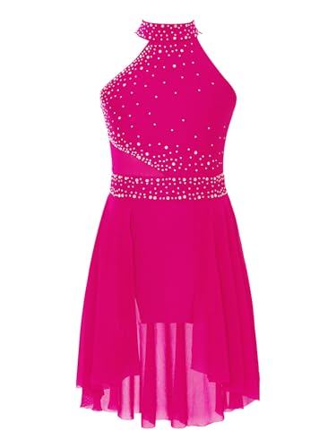 CHICTRY Kürkleider Eiskunstlauf Mädchen Rollkunstlauf Kleider Strass Glitzer Ballettkleid Ärmellos Tanzkleid Mit Asymetrisch Chiffon Rock Dancewear Hot Pink 122-128 von CHICTRY