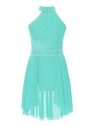 CHICTRY Kürkleider Eiskunstlauf Mädchen Rollkunstlauf Kleider Strass Glitzer Ballettkleid Ärmellos Tanzkleid Mit Asymetrisch Chiffon Rock Dancewear Minzgrün 170 von CHICTRY