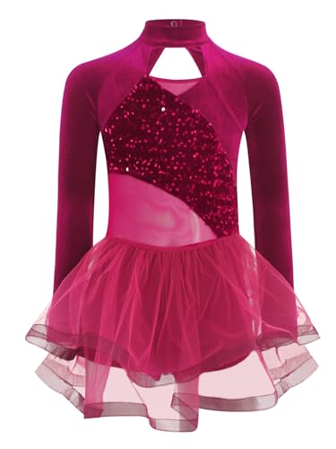 CHICTRY Kürkleider Eiskunstlauf Mädchen Samt Akrobatik Kleid Pailletten Glitzer Tanzkleid Langarm Body Cut Out Trikot Mit Tutu Tüllrock Dancewear Hot Pink 146-152 von CHICTRY
