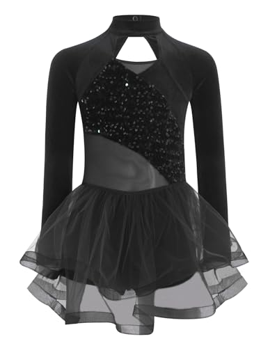 CHICTRY Kürkleider Eiskunstlauf Mädchen Samt Akrobatik Kleid Pailletten Glitzer Tanzkleid Langarm Body Cut Out Trikot Mit Tutu Tüllrock Dancewear Schwarz 134-140 von CHICTRY