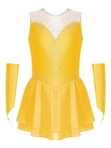 CHICTRY Kürkleider Eiskunstlauf Mädchen Strass Glitzer Ballettkleid Ärmellos Tanzkleid Cut Out Ballettanzug Mit Fingerlose Handschuhe Tanzkostüm Gelb 122-128 von CHICTRY