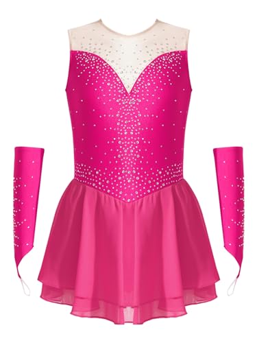 CHICTRY Kürkleider Eiskunstlauf Mädchen Strass Glitzer Ballettkleid Ärmellos Tanzkleid Cut Out Ballettanzug Mit Fingerlose Handschuhe Tanzkostüm Hot Pink 158-164 von CHICTRY