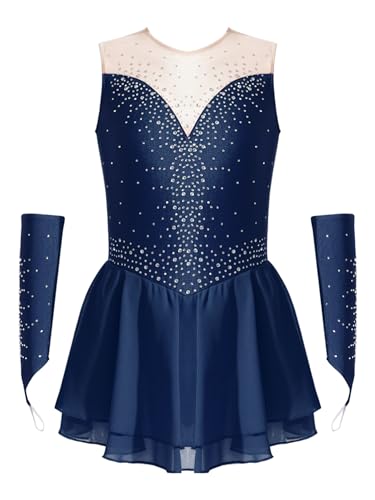 CHICTRY Kürkleider Eiskunstlauf Mädchen Strass Glitzer Ballettkleid Ärmellos Tanzkleid Cut Out Ballettanzug Mit Fingerlose Handschuhe Tanzkostüm Navy blau 158-164 von CHICTRY