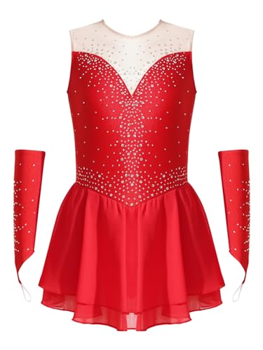 CHICTRY Kürkleider Eiskunstlauf Mädchen Strass Glitzer Ballettkleid Ärmellos Tanzkleid Cut Out Ballettanzug Mit Fingerlose Handschuhe Tanzkostüm Rot 146-152 von CHICTRY