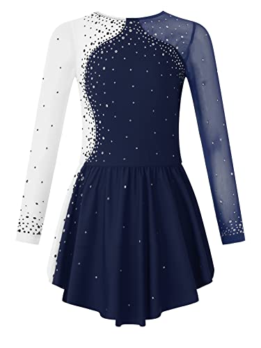 CHICTRY Kürkleider Eiskunstlauf Mädchen Strass Glitzer Kleid Rollkunstlauf Anzug Langarm Ballettanzug Patchwork Body Mit Asymetrisch Rock Tanzkostüm Navy Blau 122-128 von CHICTRY