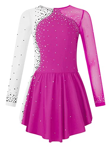 CHICTRY Kürkleider Eiskunstlauf Kinder Mädchen Strass Glitzer Rollschuhkleid Langarm Tanzbody Farbblock Patchwork Trikot Mit Wickelrock Dancewear Rose 146-152 von CHICTRY