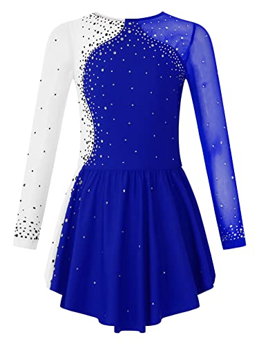 CHICTRY Kürkleider Eiskunstlauf Kinder Mädchen Strass Glitzer Rollschuhkleid Langarm Tanzbody Farbblock Patchwork Trikot Mit Wickelrock Dancewear Royal Blau 110-116 von CHICTRY
