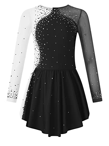 CHICTRY Kürkleider Eiskunstlauf Mädchen Strass Glitzer Kleid Rollkunstlauf Anzug Langarm Ballettanzug Patchwork Body Mit Asymetrisch Rock Tanzkostüm Schwarz 146-152 von CHICTRY