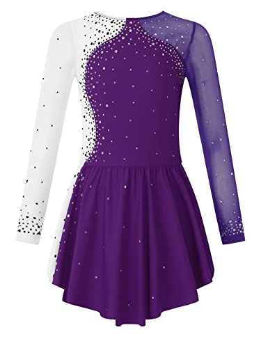CHICTRY Kürkleider Eiskunstlauf Kinder Mädchen Strass Glitzer Rollschuhkleid Langarm Tanzbody Farbblock Patchwork Trikot Mit Wickelrock Dancewear Violett 110-116 von CHICTRY