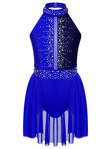 CHICTRY Kürkleider Eiskunstlauf Mädchen Strass Glitzer Tanzkleid Ärmellos Body Trikot Gymnastik Leotard Mit Chiffon Rock Wickelrock Kinder Tanzkostüm Blau A 158-164 von CHICTRY