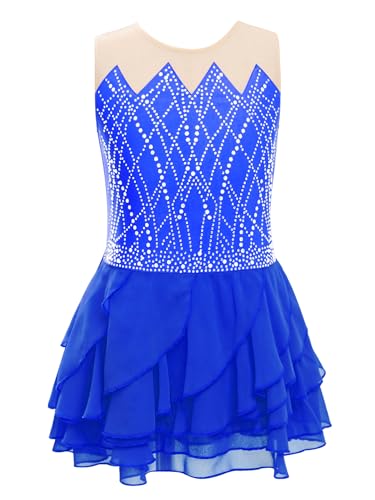 CHICTRY Kürkleider Rollschuh Mädchen Strass Glitzer Ballettkleid Ärmellos Schlittschuhkleid Rüschen Rollkunstlauf Kleid Tanzkleid Dancewear Blau 146-152 von CHICTRY