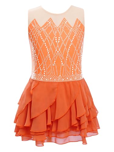 CHICTRY Kürkleider Rollschuh Mädchen Strass Glitzer Ballettkleid Ärmellos Schlittschuhkleid Rüschen Rollkunstlauf Kleid Tanzkleid Dancewear Orange 122-128 von CHICTRY