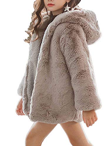 CHICTRY Kunstpelz Jacke mit Kapuze Mädchen Wintermantel Kinder mit Eule-Muster Fleecejacke Langarmjacke Warme Pullover Gr. 110-164 Grau 134-140 von CHICTRY