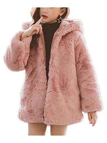 CHICTRY Kunstpelz Jacke mit Kapuze Mädchen Wintermantel Kinder mit Eule-Muster Fleecejacke Langarmjacke Warme Pullover Gr. 110-164 Rosa 134-140 von CHICTRY