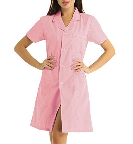 CHICTRY Laborkittel Damen Kurzarm Arztkittel Knielang Button Down Medizin Pflege Uniform Kleid Stretch Berufsmantel Mit Kentkragen Taschen Arbeitskleidung Rosa M von CHICTRY