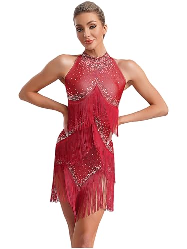 CHICTRY Latein Kleid Damen Turnier Ärmellos Fransenkleid Strass Glitzer Ballettkleid Quasten Flapper Kleid Wettbewerb Tanzkostüm Burgundy L von CHICTRY